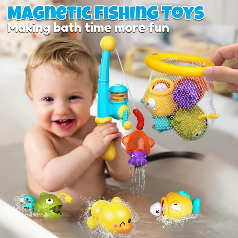 Baby Bath Toys For Kids Ages 1-3  Magnetic Fishing Games With Floating Bathtub Wind-Up Toys & Fishing Net  Fishing Rod Water Pool Toys For Toddlers 1-3  |  Bath Toys All Toys Bath Toys