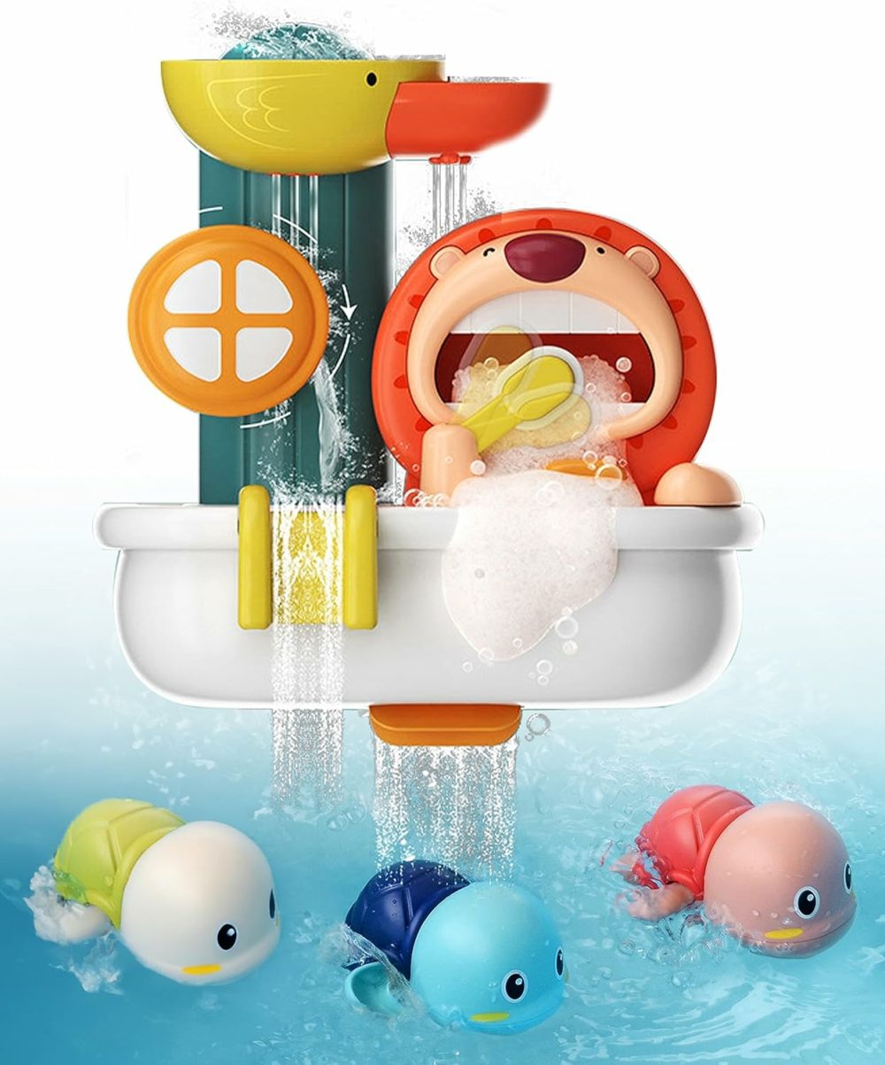 Baby Bath Toys For Toddlers 1-3  Kids 3-4 Years Old – Lion Bathtub Toys With Bubble Foam Maker + 3 Wind-Up Swimming Turtles – Gift Card Included For Christmas And Birthday  |  Bath Toys All Toys Bath Toys