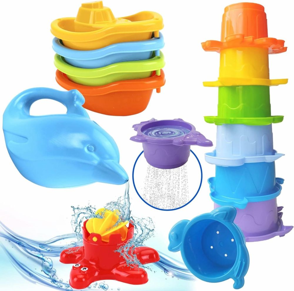 Baby Bath Toys For Toddlers – 12 Pcs Rainbow Stacking Cups Baby Toy With Bath Boats Train And Toddler Watering Can – Stackable Plastic Bath Toys – Sea Animal Shapes Bath Toy For Girls And Boys  |  Bath Toys All Toys Bath Toys