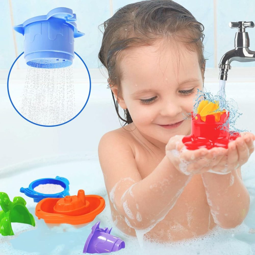 Baby Bath Toys For Toddlers – 12 Pcs Rainbow Stacking Cups Baby Toy With Bath Boats Train And Toddler Watering Can – Stackable Plastic Bath Toys – Sea Animal Shapes Bath Toy For Girls And Boys  |  Bath Toys All Toys Bath Toys