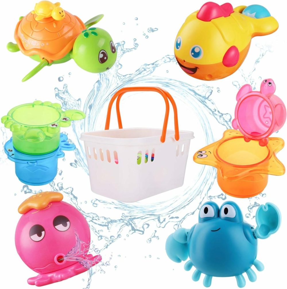 Baby Bath Toys W/ Organizer  Water Squirting Octopus  Wind Up Swimming Turtle  Bathtub & Shower  Stacking Cups  Gift For 6  9  12  18 Months 1  2  3 Years  Toddlers  Girls  Boys & Kids  |  Bath Toys All Toys Bath Toys