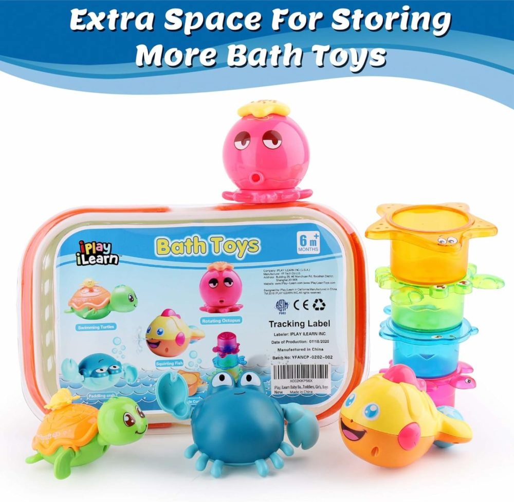 Baby Bath Toys W/ Organizer  Water Squirting Octopus  Wind Up Swimming Turtle  Bathtub & Shower  Stacking Cups  Gift For 6  9  12  18 Months 1  2  3 Years  Toddlers  Girls  Boys & Kids  |  Bath Toys All Toys Bath Toys