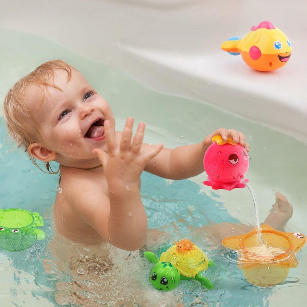 Baby Bath Toys W/ Organizer  Water Squirting Octopus  Wind Up Swimming Turtle  Bathtub & Shower  Stacking Cups  Gift For 6  9  12  18 Months 1  2  3 Years  Toddlers  Girls  Boys & Kids  |  Bath Toys All Toys Bath Toys