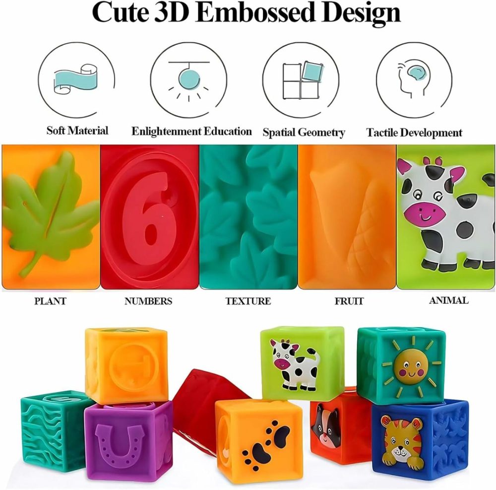 Baby Blocks  9Pcs Soft Squeeze Building Blocks Stacking Toys For 6+ Months Babies  Baby Teething Chewing Educational Blocks Set With Numbers Animals Shapes Textures  |  Sorting & Stacking Toys All Toys Sorting & Stacking Toys