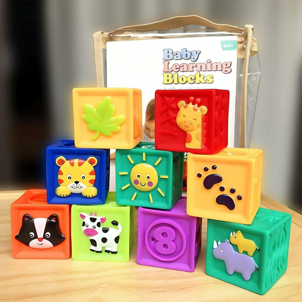 Baby Blocks  9Pcs Soft Squeeze Building Blocks Stacking Toys For 6+ Months Babies  Baby Teething Chewing Educational Blocks Set With Numbers Animals Shapes Textures  |  Sorting & Stacking Toys All Toys Sorting & Stacking Toys