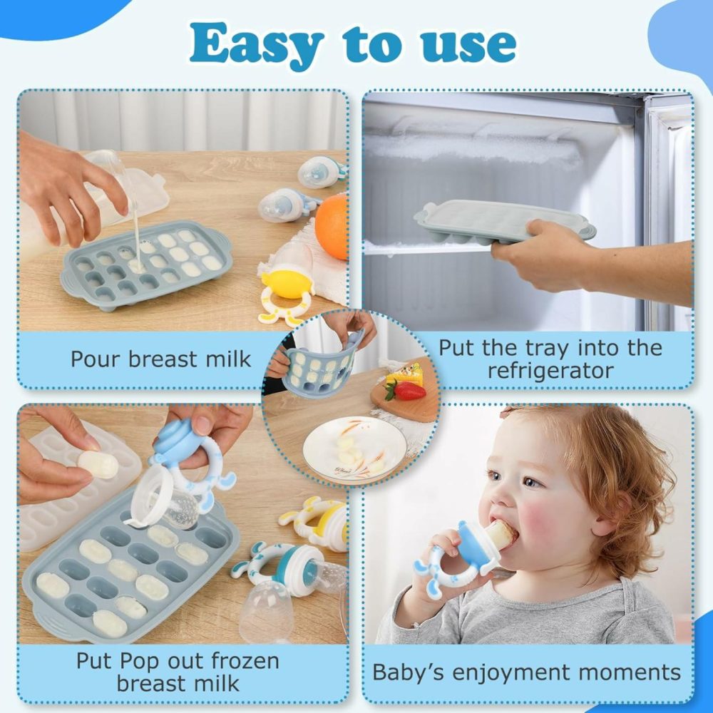 Baby Breastmilk Popsicle Molds & Baby Fruit Feeder- Silicone Baby Food Freezer Tray,Baby Food Pacifier Feeder And Teether  |  Teethers All Toys Blue