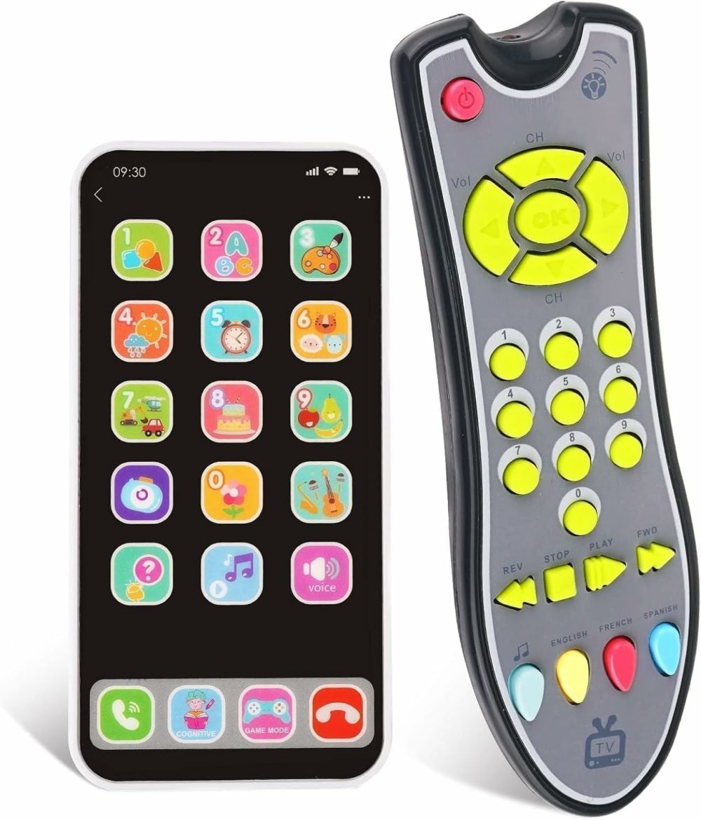 Baby Cell Phone Toy& Tv Remote Control Toy Playset  Toy Phone For Toddlers 1-3 With Light And Sound  Boys And Girls Preschool Education Musical Toy  3 Language Modes: English  French And Spanish  |  Musical Toys All Toys Black