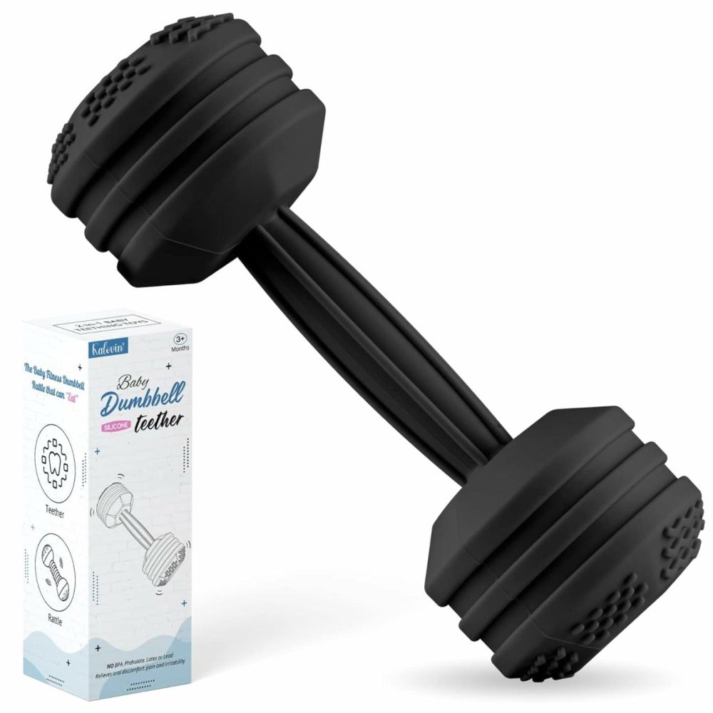 Baby Dumbbell Toy – Silicone Dumbbell Teether Toys Weight Rattle Sensory Toy For Babies – Great Gift For Baby And Toddler Girls Or Boys (Black)  |  Teethers All Toys Black