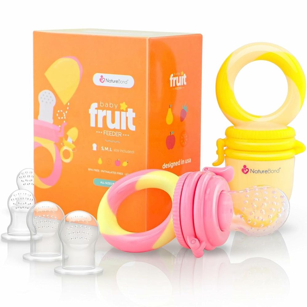 Baby Food Feeder/Fruit Feeder Pacifier Nibbler (2 Pack) – Infant Teething Toy Teether Weaning In Appetizing Colors | + Additional Silicone Sacs  |  Teethers All Toys Peach Pink & Lemonade Yellow