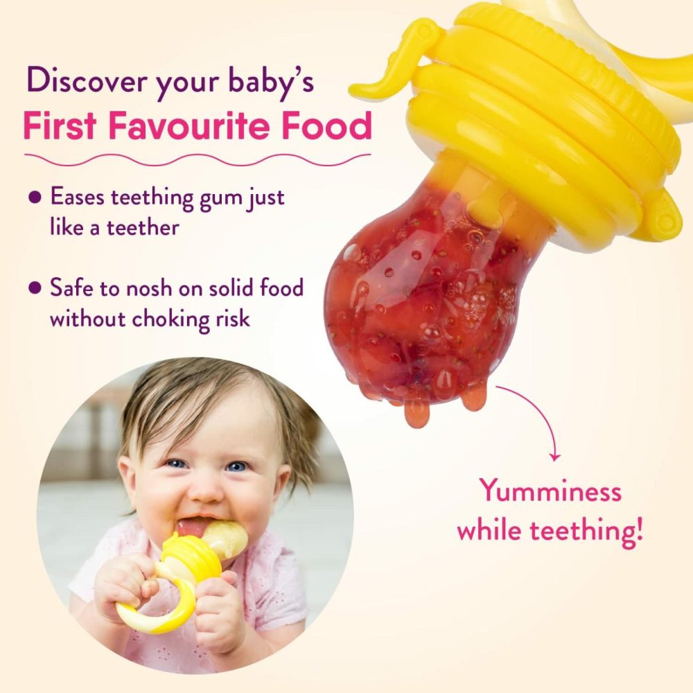 Baby Food Feeder/Fruit Feeder Pacifier Nibbler (2 Pack) – Infant Teething Toy Teether Weaning In Appetizing Colors | + Additional Silicone Sacs  |  Teethers All Toys Peach Pink & Lemonade Yellow