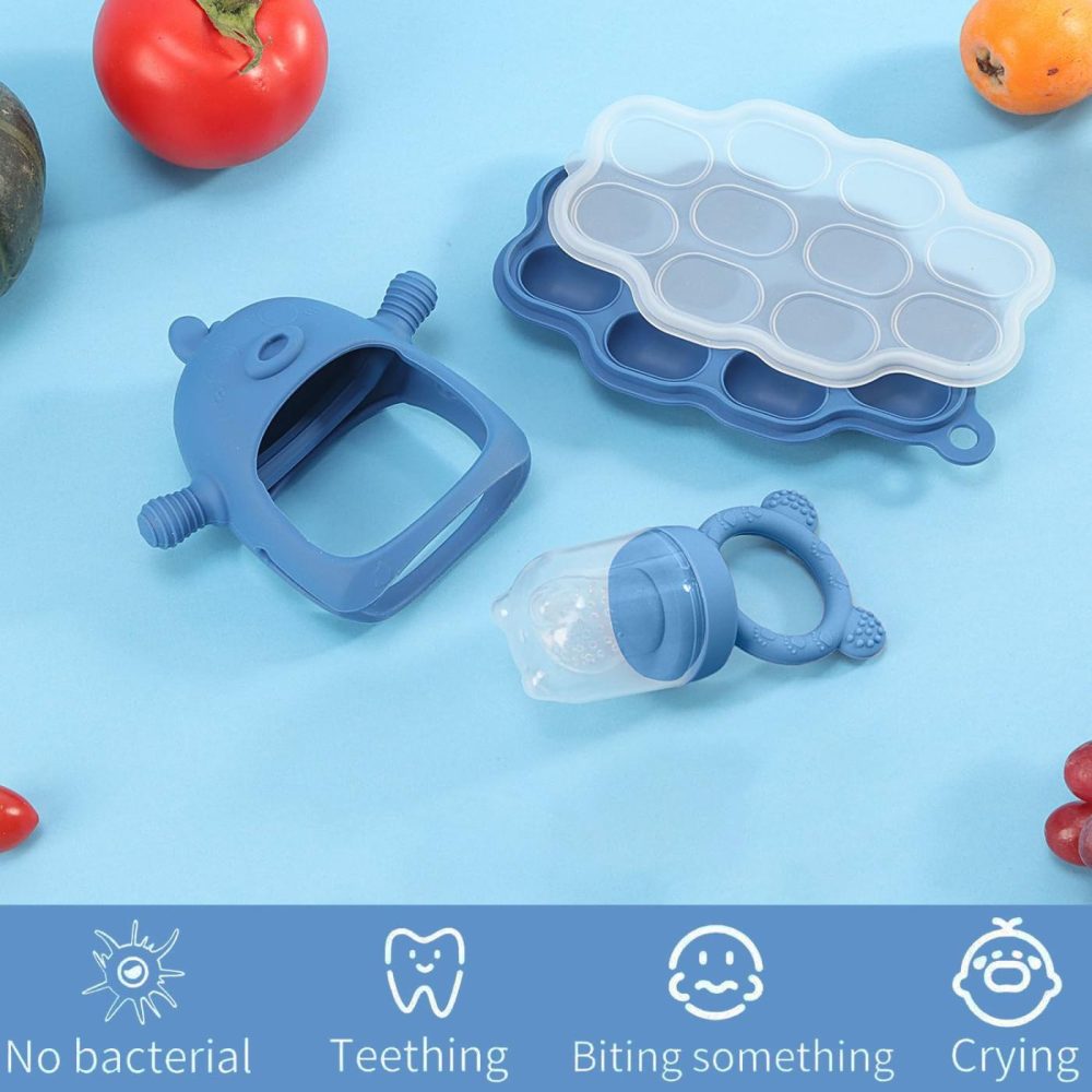 Baby Fruit Feeder Pacifier – 3 Pack | 1 Baby Food Feeder & 1 Baby Teether & 1 Baby Popsicle Molds | Breastmilk Popsicle Molds | Baby Teething Toys | Baby Fruit Food Feeder Pacifier Babies (Steel Blue)  |  Teethers All Toys 06. Steel Blue - Set 2