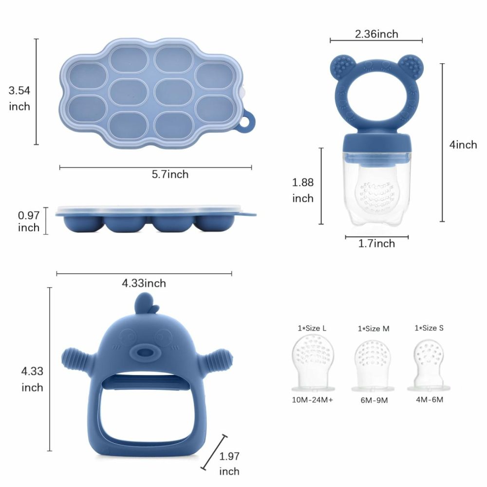 Baby Fruit Feeder Pacifier – 3 Pack | 1 Baby Food Feeder & 1 Baby Teether & 1 Baby Popsicle Molds | Breastmilk Popsicle Molds | Baby Teething Toys | Baby Fruit Food Feeder Pacifier Babies (Steel Blue)  |  Teethers All Toys 06. Steel Blue - Set 2