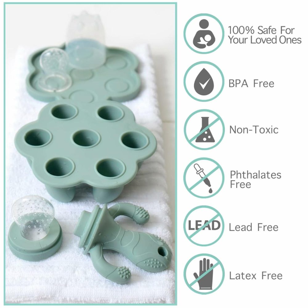 Baby Fruit Feeder Pacifier Teether | Food Freezer Tray With Lid Bpa Free Silicone Freezable Feeding Set For Breast Milk Ice Cubes  Food  Vegetable Purees  |  Teethers All Toys Sage