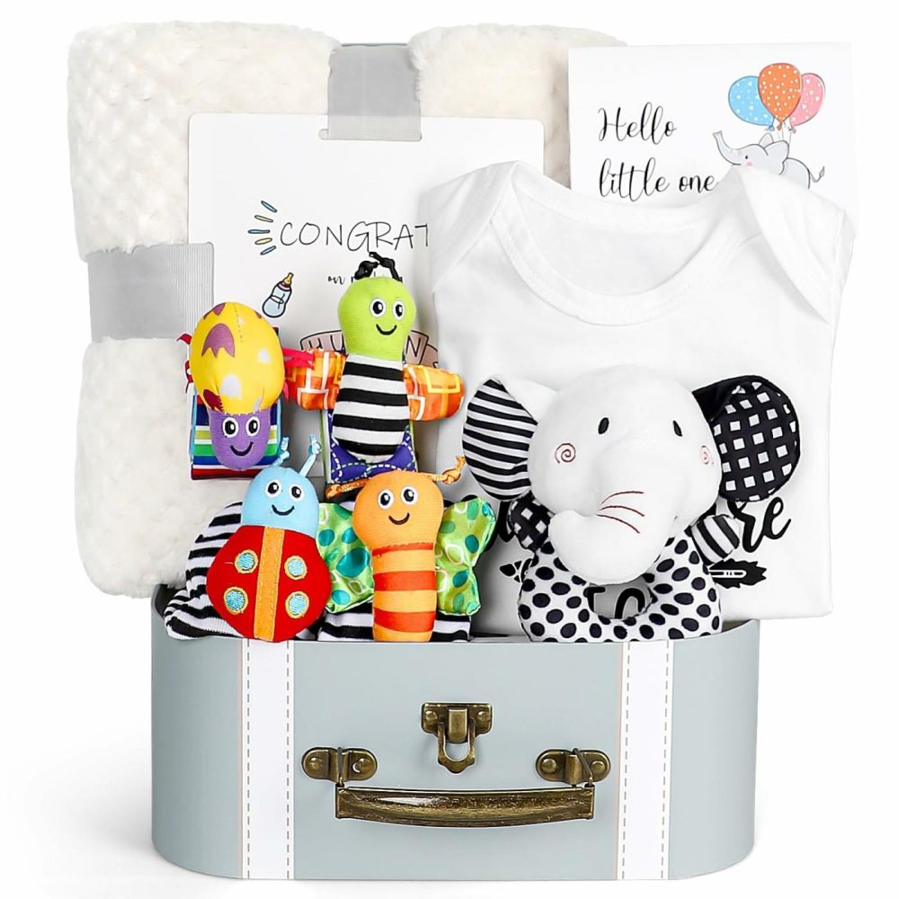 Baby Gift Set  Baby Shower Gifts  Black And White High Contrast Baby Toys 0-6 Months For Newborn Essentials Infant Rattle Socks Elephant Toys Blanket Onesies Baby Gift Basket For Girls Boys  |  Rattles & Plush Rings All Toys Elephant