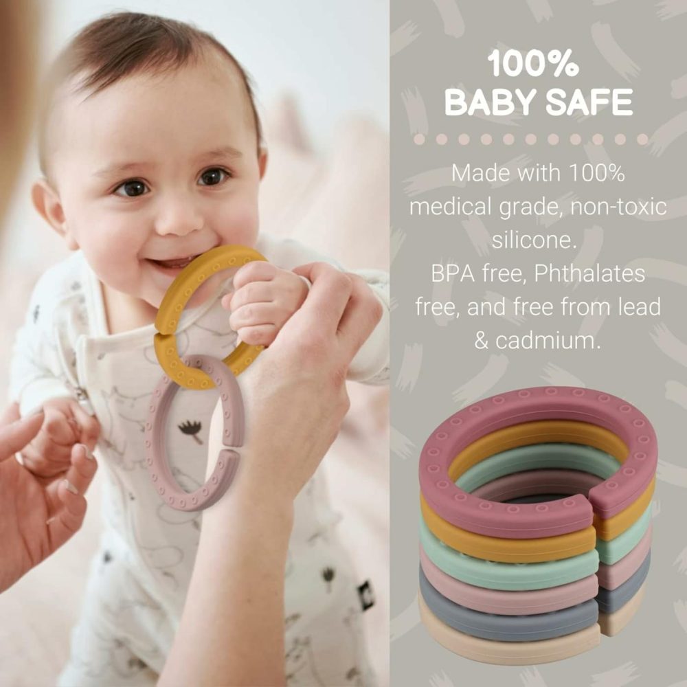 Baby Linkable Rings Set And Silicone Baby Teethers – Attach To Strollers  Car Seats & More – Food Grade Silicone  Bpa & Phthalate Free (Set Of 6)  |  Teethers All Toys Neutral Colors