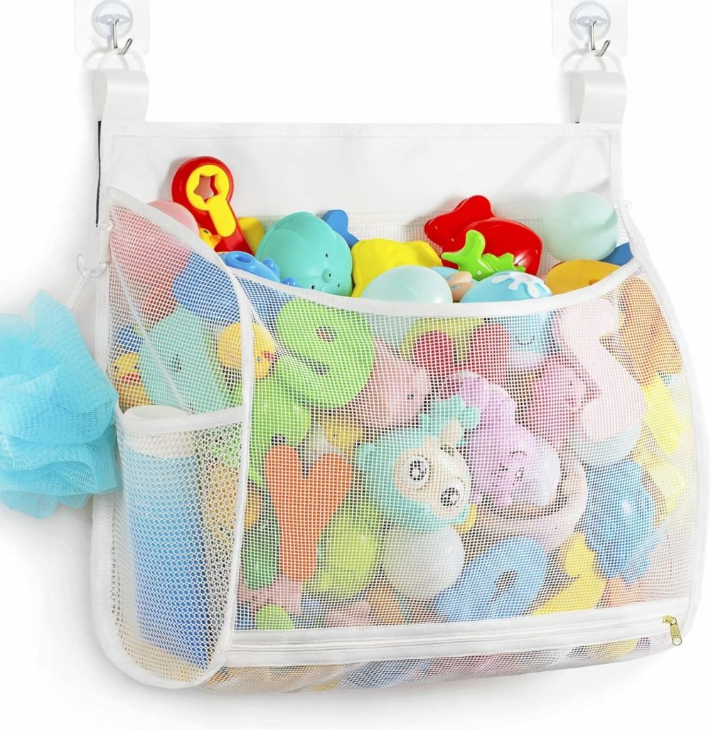 Baby Mesh Bath Toy Organizer  Multiple Ways To Hang  Ultra Large Capacity & Large Opening  Bathroom Toy Holder  Bath Toy Storage Bag With 2 Side Pockets (Large White)  |  Bath Toys All Toys Bath Toys