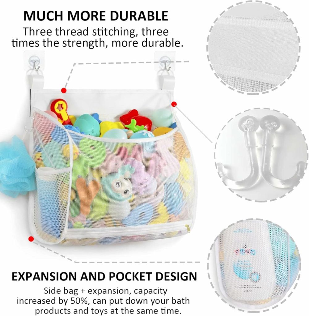 Baby Mesh Bath Toy Organizer  Multiple Ways To Hang  Ultra Large Capacity & Large Opening  Bathroom Toy Holder  Bath Toy Storage Bag With 2 Side Pockets (Large White)  |  Bath Toys All Toys Bath Toys