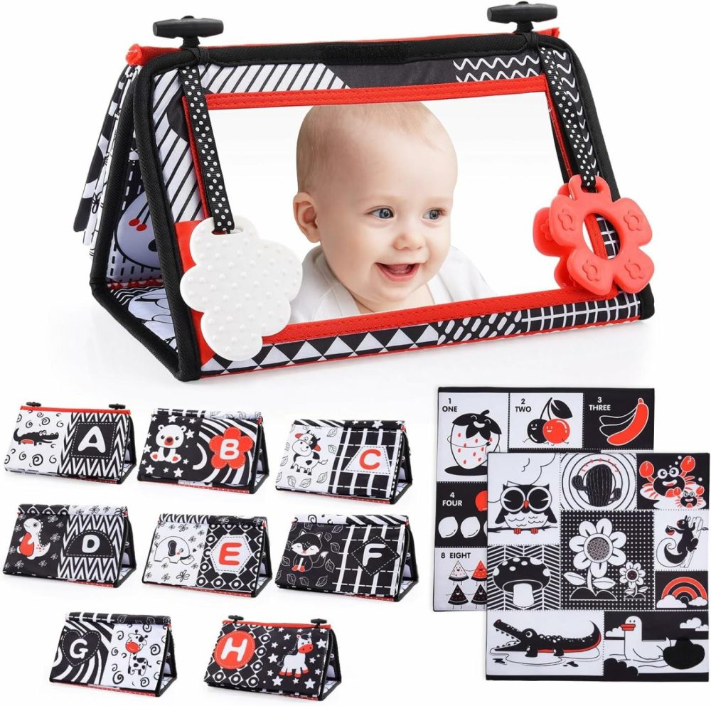 Baby Mirror Tummy Time Toys: 3 In 1 Black White High Contrast Baby Mirror With Book & Mat Montessori Toy For 0 3 6 9 12 Months Newborn Gifts For Boy Girl Sensory Infant Toy 0-6  |  Mirrors All Toys Mirrors