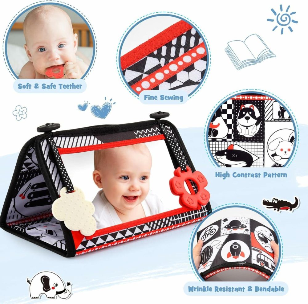 Baby Mirror Tummy Time Toys: 3 In 1 Black White High Contrast Baby Mirror With Book & Mat Montessori Toy For 0 3 6 9 12 Months Newborn Gifts For Boy Girl Sensory Infant Toy 0-6  |  Mirrors All Toys Mirrors