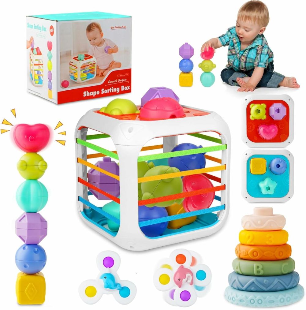 Baby Montessori Toys For 6 To 12 Months  Shape Sorter Sensory Bin With 6 Shape Blocks  Stacking Rings Infant Teething Toys  Suction Cup Spinner Toddler Bath Toy  Baby Toys Gift For Birthday  |  Sorting & Stacking Toys All Toys Sorting & Stacking Toys