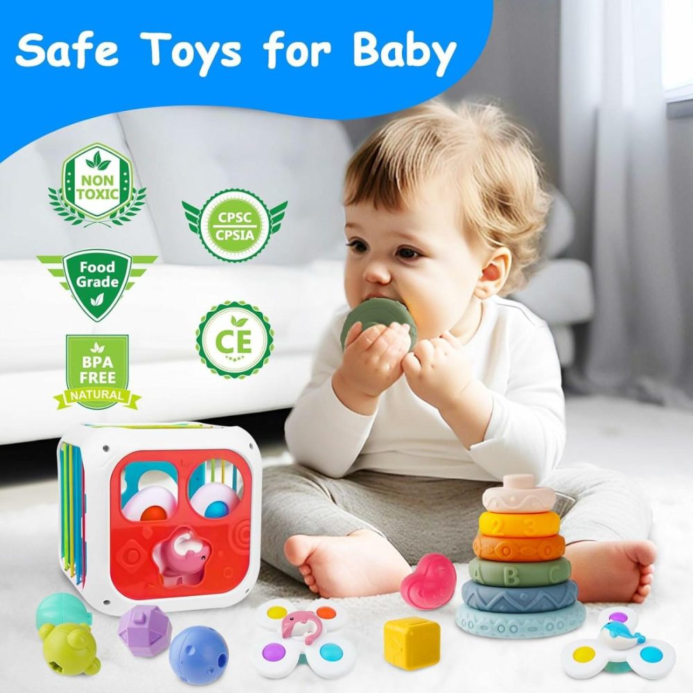 Baby Montessori Toys For 6 To 12 Months  Shape Sorter Sensory Bin With 6 Shape Blocks  Stacking Rings Infant Teething Toys  Suction Cup Spinner Toddler Bath Toy  Baby Toys Gift For Birthday  |  Sorting & Stacking Toys All Toys Sorting & Stacking Toys