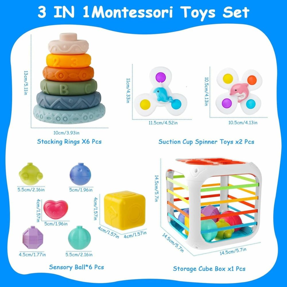 Baby Montessori Toys For 6 To 12 Months  Shape Sorter Sensory Bin With 6 Shape Blocks  Stacking Rings Infant Teething Toys  Suction Cup Spinner Toddler Bath Toy  Baby Toys Gift For Birthday  |  Sorting & Stacking Toys All Toys Sorting & Stacking Toys