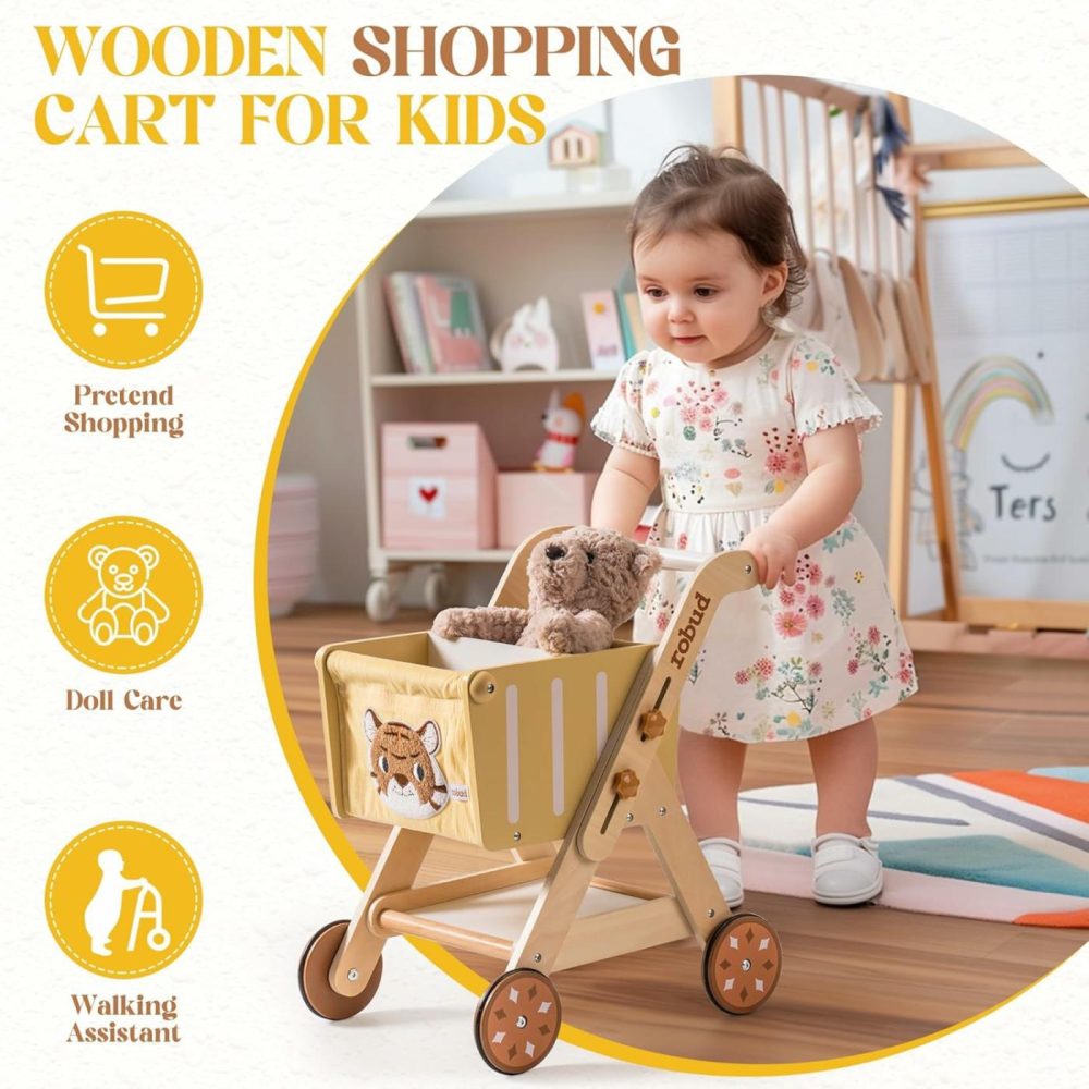 Baby Push Walker Doll Stroller  Wooden Shopping Cart For Girls Boys  Height Adjustable Wooden Baby Walker For Kids Toddlers  Learning Walker Toys For 10 Months 1 Year Old  |  Walkers All Toys Walkers