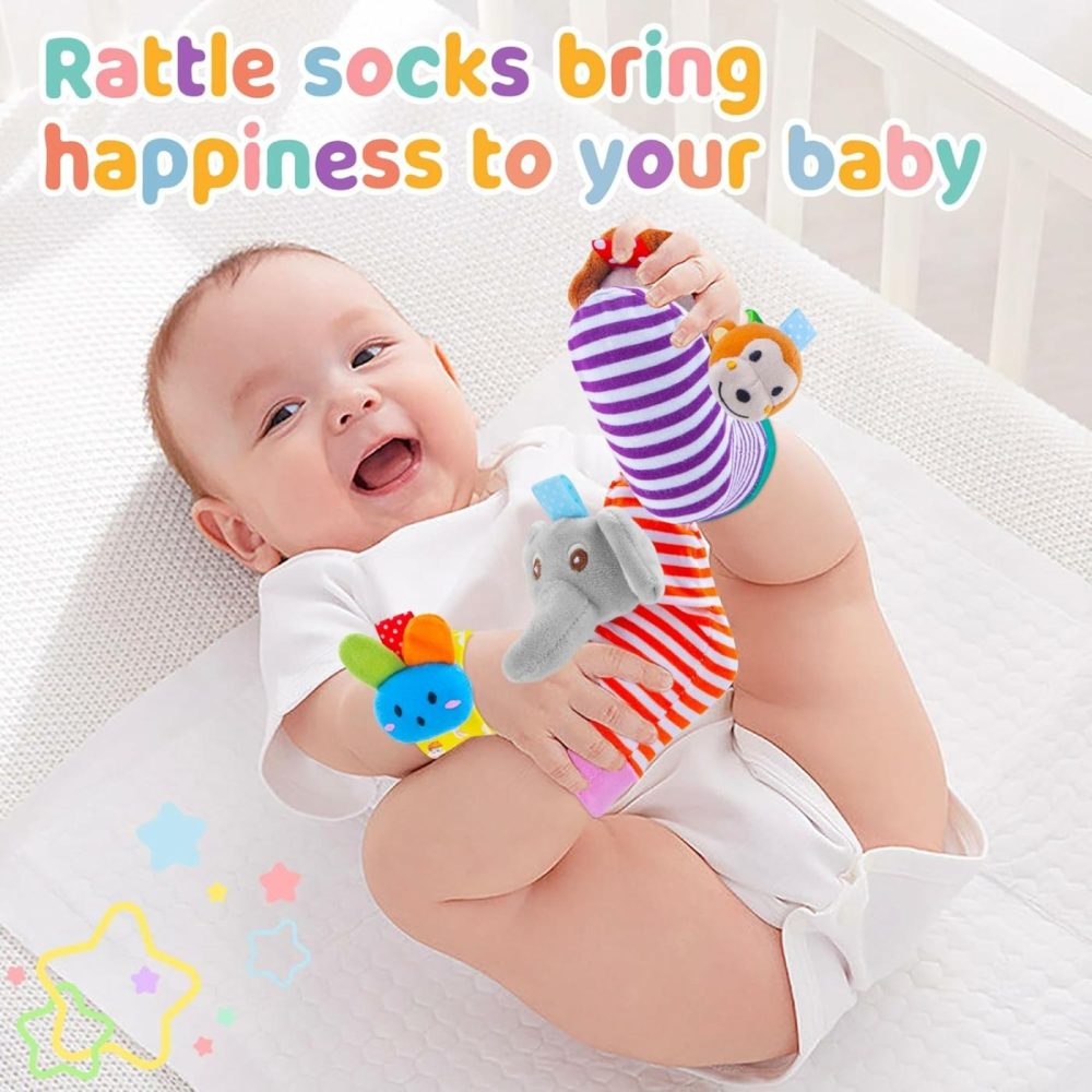 Baby Rattle Cotton Socks And Wrist Rattle Strap Set  Infant Toys 0 3 6 9 12 Months  Baby Gifts For Boys And Girls  Develop Babies Sensory Toys  |  Rattles & Plush Rings All Toys multicolored