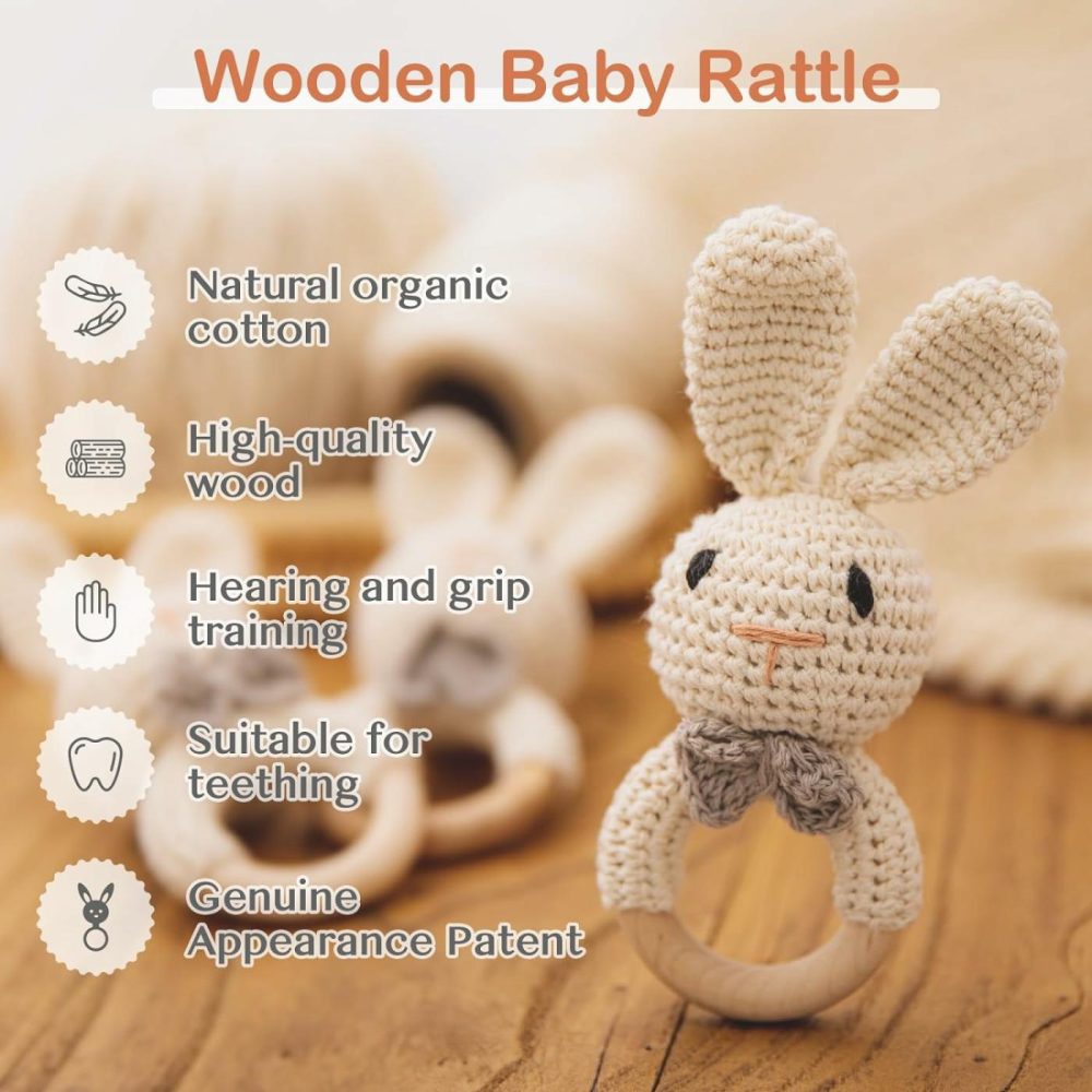 Baby Rattle Toys For Babies 0-6 Months Bunny Wooden Rattle For Baby Handmade Crochet Wooden Baby Rattle Organic Wooden Baby Toys Baby Stuffed Animals For Newborn  |  Rattles & Plush Rings All Toys rabbit