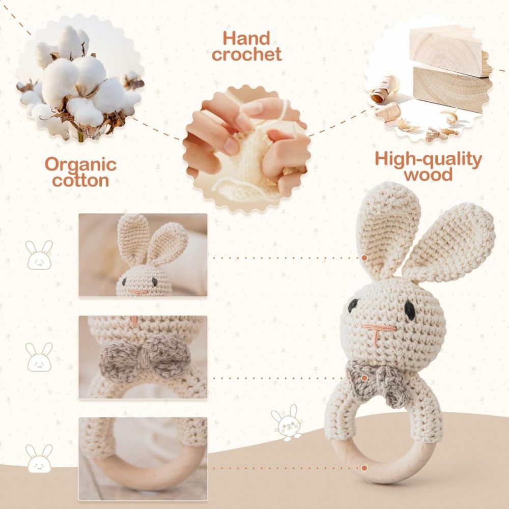 Baby Rattle Toys For Babies 0-6 Months Bunny Wooden Rattle For Baby Handmade Crochet Wooden Baby Rattle Organic Wooden Baby Toys Baby Stuffed Animals For Newborn  |  Rattles & Plush Rings All Toys rabbit