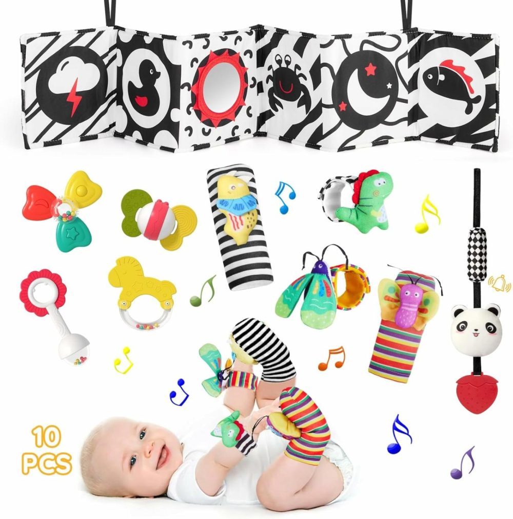 Baby Rattles 0-6 Months  Black And White High Contrast Baby Toys For Newborn  Montessori Toys Sensory Infant Tummy Time Toys  0-3-6-12 Months Baby Boy Girl Teething Rattles Set Wrist Socks  |  Rattles & Plush Rings All Toys Rattles & Plush Rings