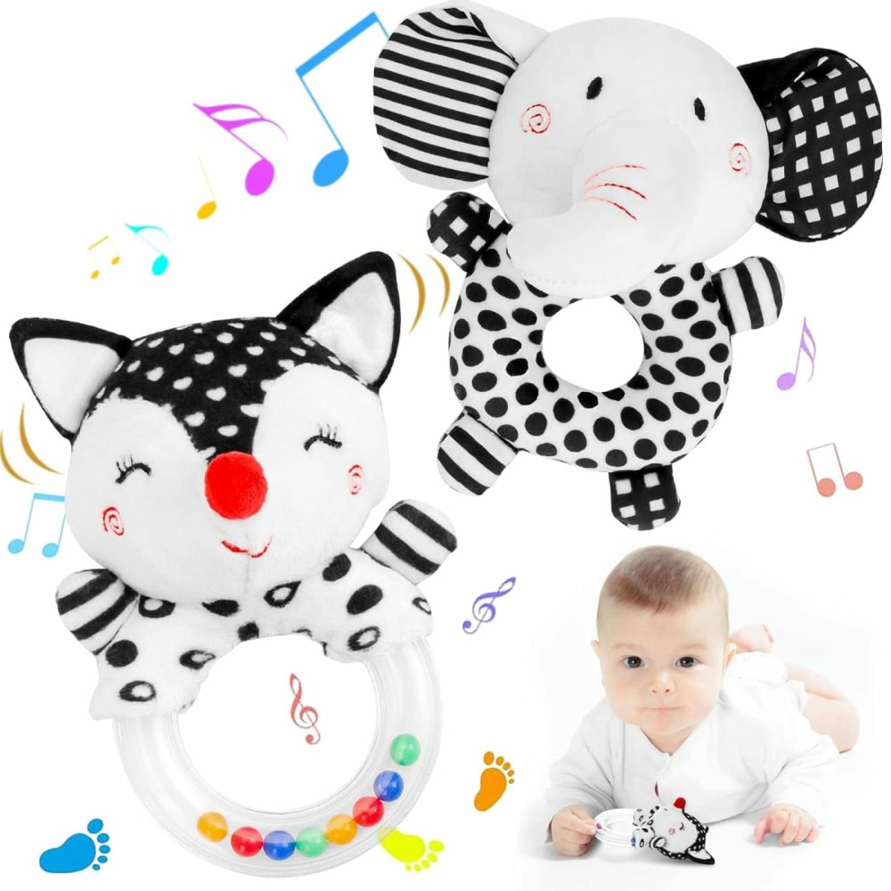 Baby Rattles 0-6 Months: Soft Rattles For Babies 0-6 Months Newborn Sensory Toys  High Contrast Black And White Baby Toys 0-3 Months Plush Rattle Toy For Infant Boys Girls Shower Gift  2Pcs  |  Rattles & Plush Rings All Toys Black-Elephant