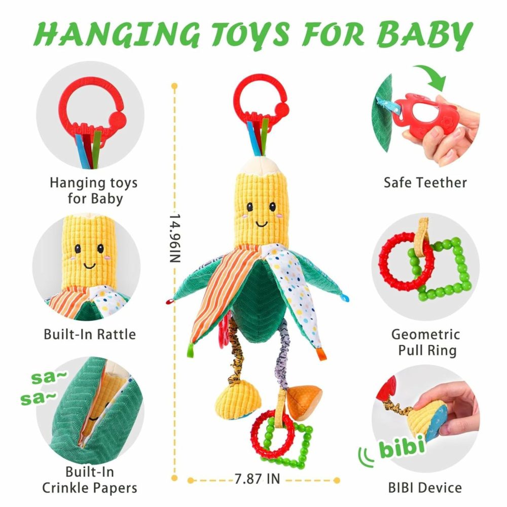 Baby Rattles Hanging Toys For Car Seat Crib Stroller Gym  Montessori Sensory Plush Vegetable Toys For Baby 0-3-6-12 Months With Ring Bell Crinkle And Teether  Newborn  |  Rattles & Plush Rings All Toys Corn