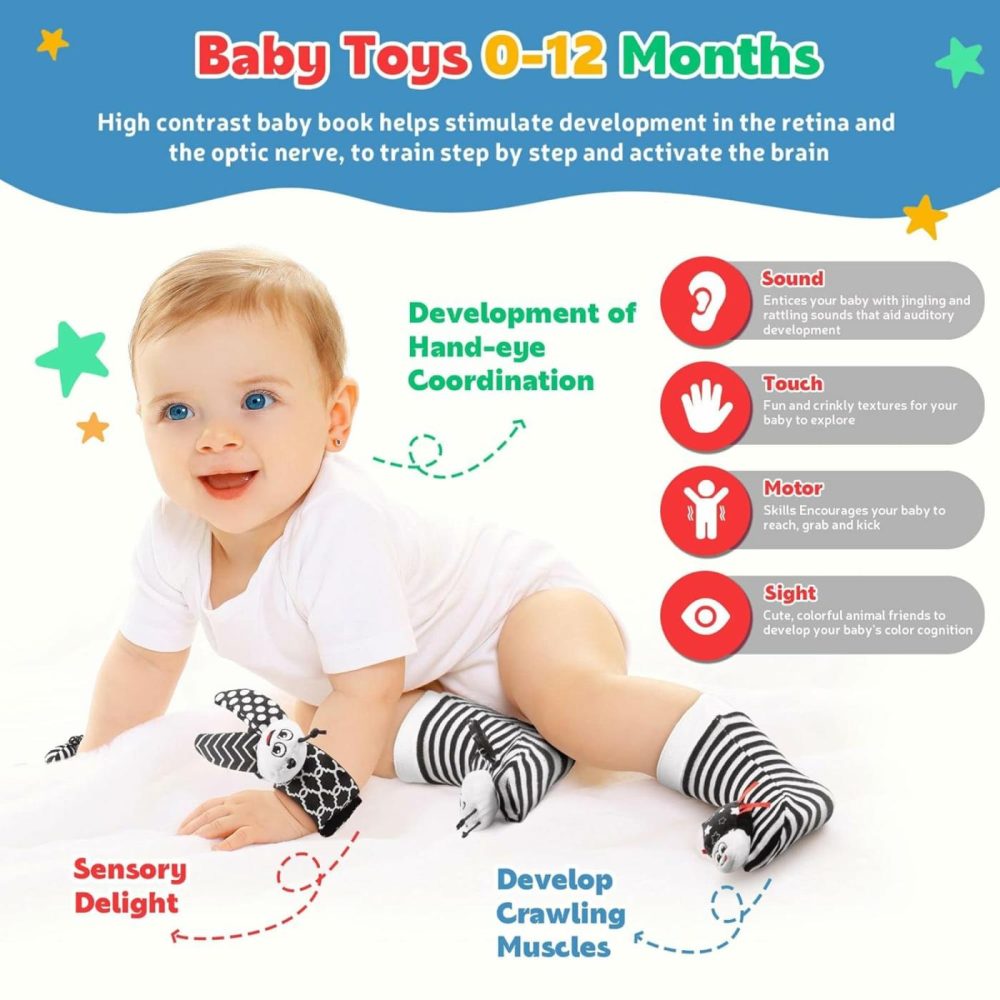 Baby Rattles Toys For 0-12 Month: Infant Toys 0-6 Months Baby Socks And Wrist Rattle Newborn Toys Baby Gifts For Boys And Girls – High Contrast Baby Toys For Newborn Infant Books Hand & Foot Toys  |  Rattles & Plush Rings All Toys Black