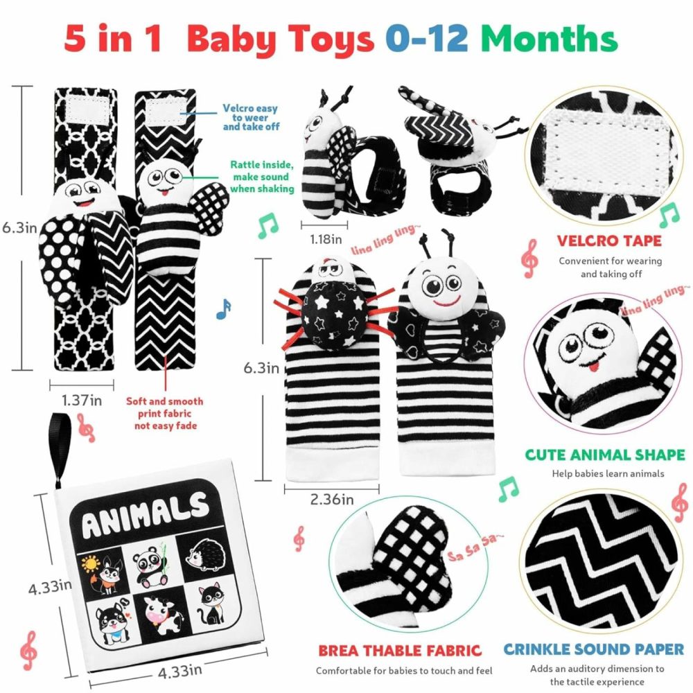 Baby Rattles Toys For 0-12 Month: Infant Toys 0-6 Months Baby Socks And Wrist Rattle Newborn Toys Baby Gifts For Boys And Girls – High Contrast Baby Toys For Newborn Infant Books Hand & Foot Toys  |  Rattles & Plush Rings All Toys Black