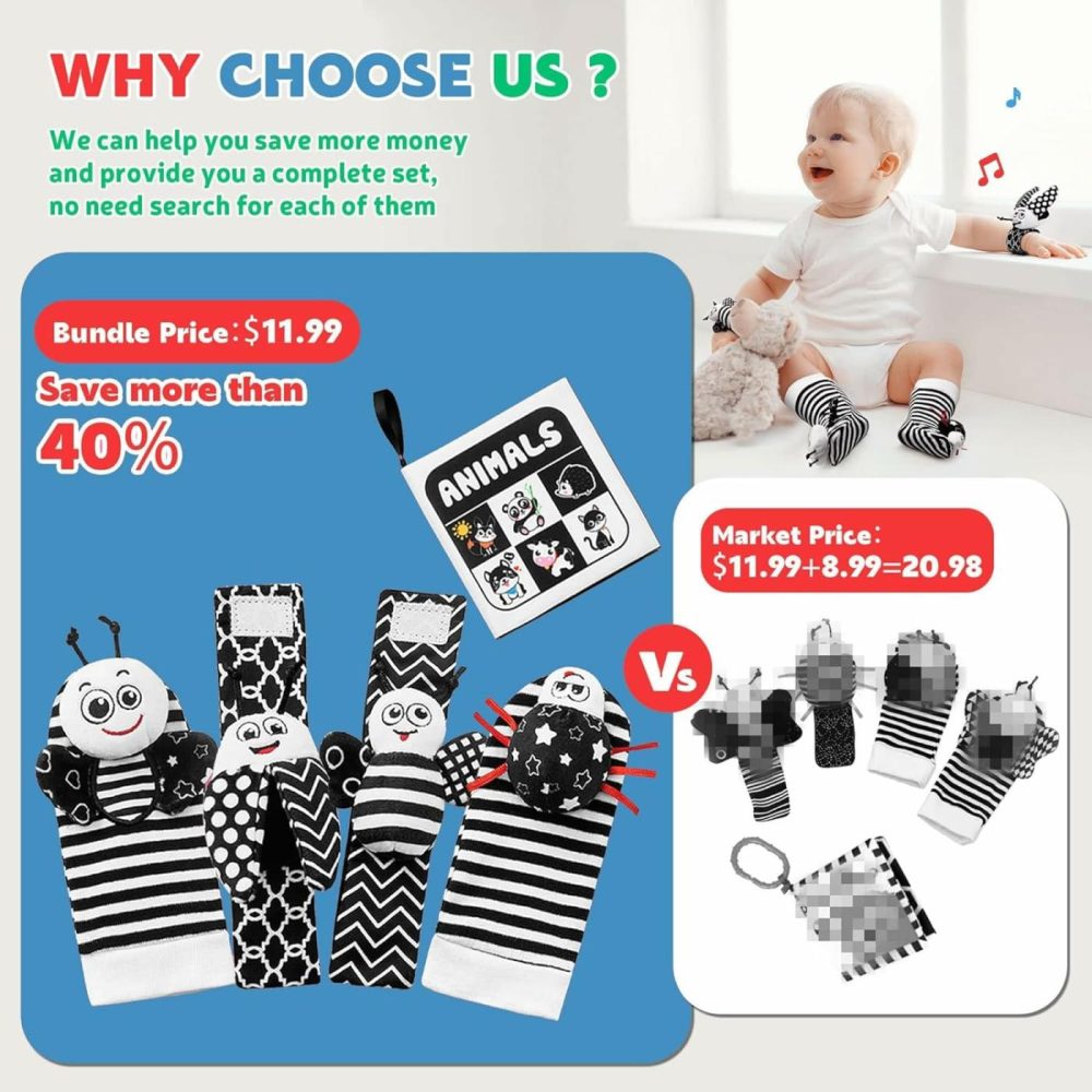 Baby Rattles Toys For 0-12 Month: Infant Toys 0-6 Months Baby Socks And Wrist Rattle Newborn Toys Baby Gifts For Boys And Girls – High Contrast Baby Toys For Newborn Infant Books Hand & Foot Toys  |  Rattles & Plush Rings All Toys Black