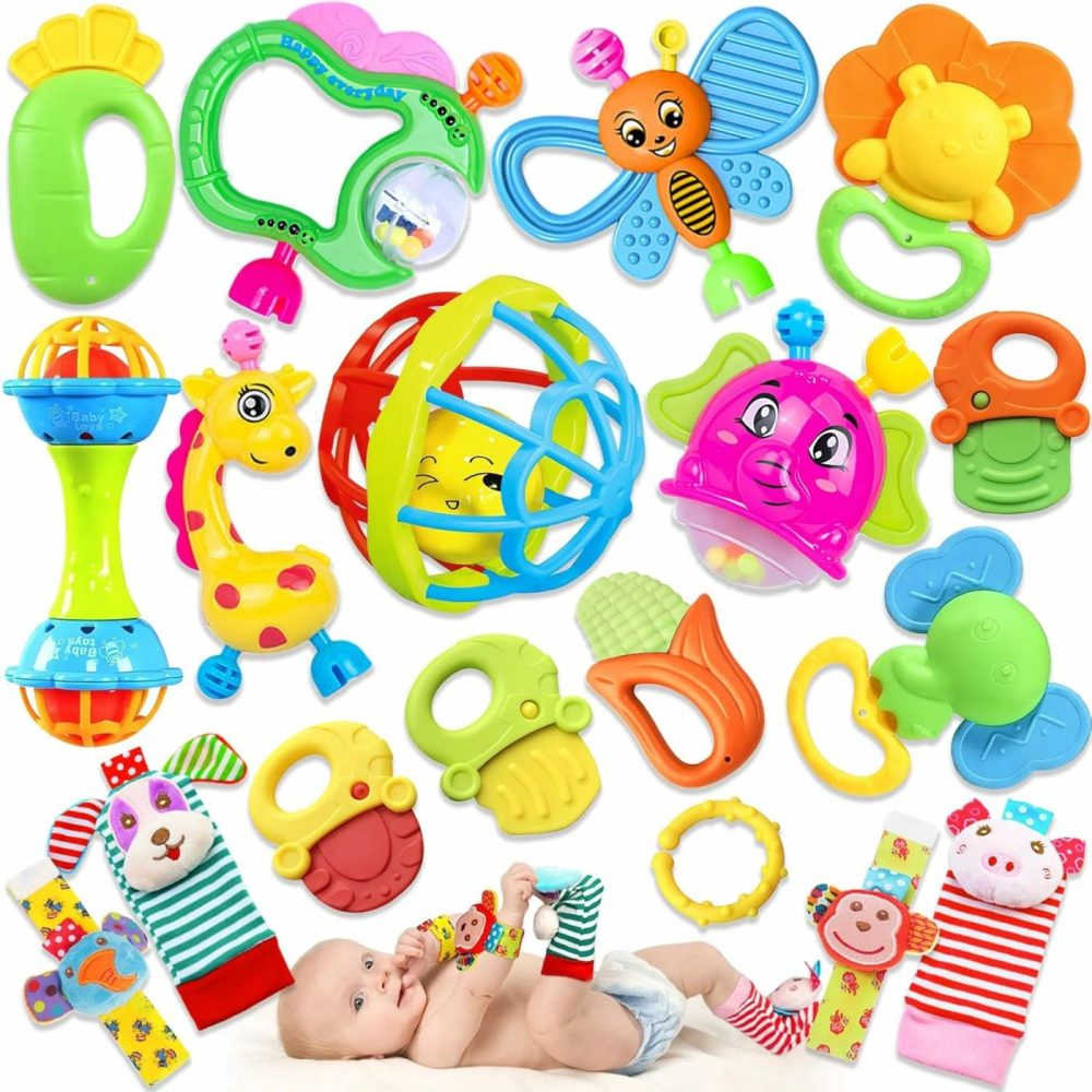 Baby Rattles Toys For 0-6 Months – 18 Pcs Infant Toys 0-3 Month Old Baby Boy Girl Gifts Set With Teething And Wrist Socks Rattle Infant Newborn Sensory Toy  |  Rattles & Plush Rings All Toys 14PCS