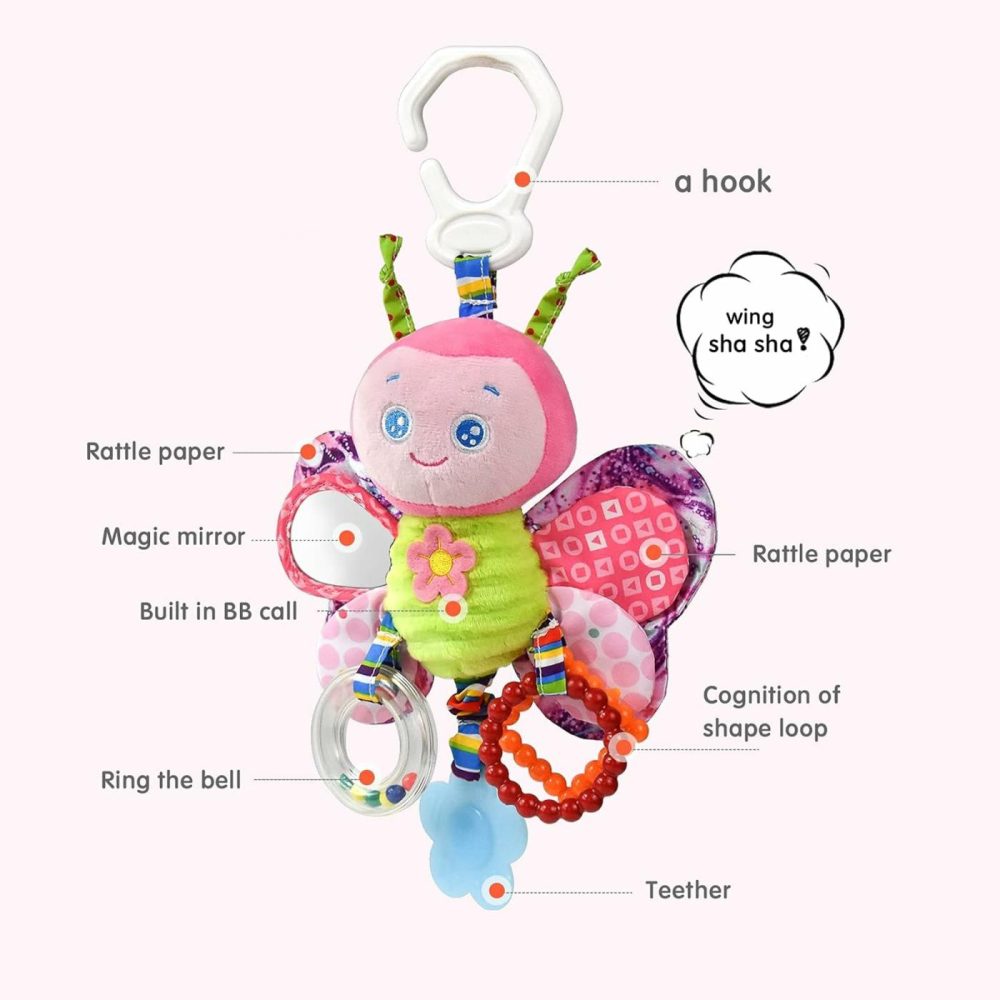 Baby Rattles Toys With Teether,Bed Bell For Toddler In Pram,Gifts For Baby Aged 3 Months Or More(Butterfly)  |  Rattles & Plush Rings All Toys Pink