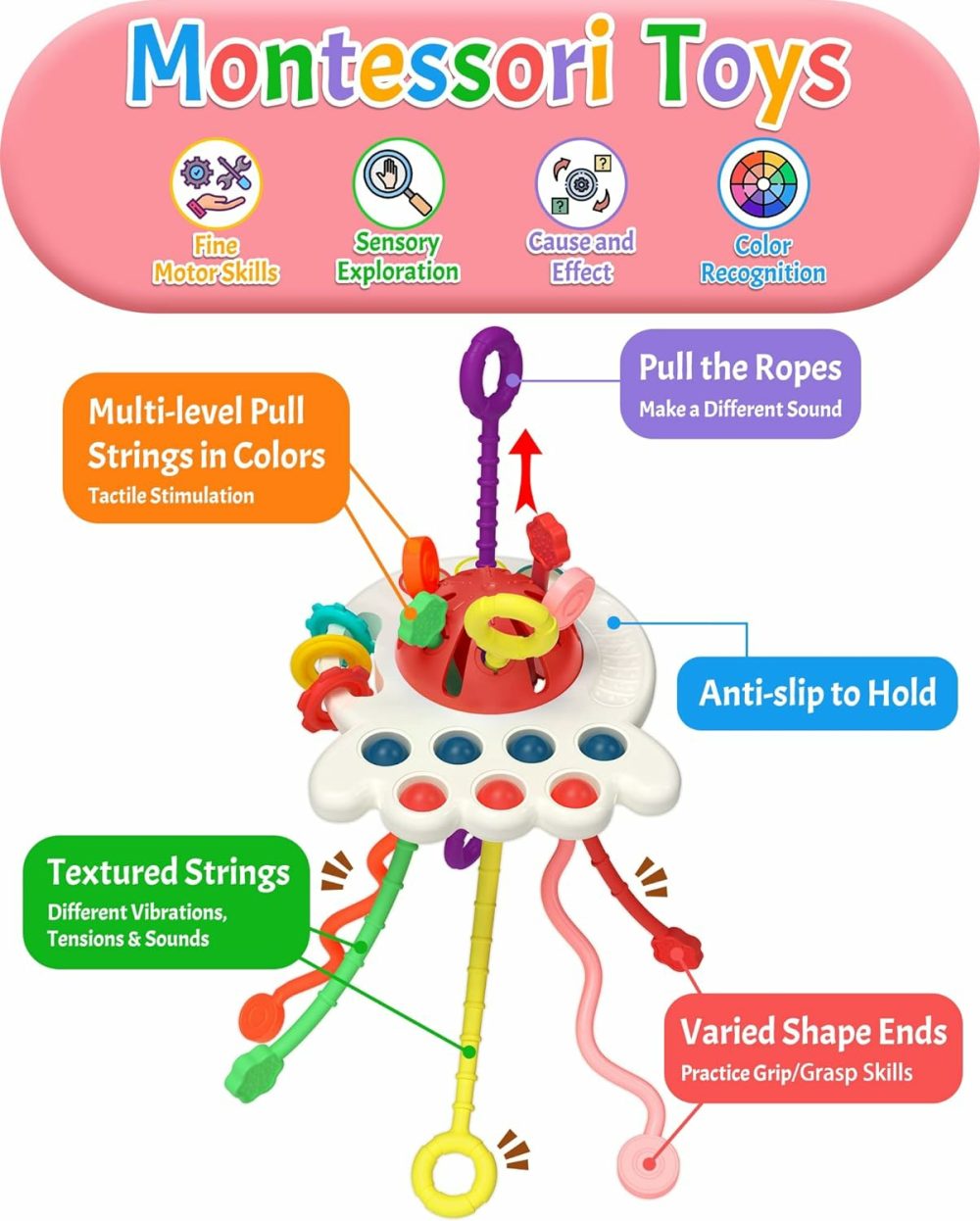 Baby Sensory Montessori Toy For 6-12-18 Months  Pull String Silicone Teething Toy  Birthday Gift Travel Toy For 1 2 Year Old Boy Girl Infant Toddlers 8 9 10 Months Old  |  Push & Pull Toys All Toys Push & Pull Toys