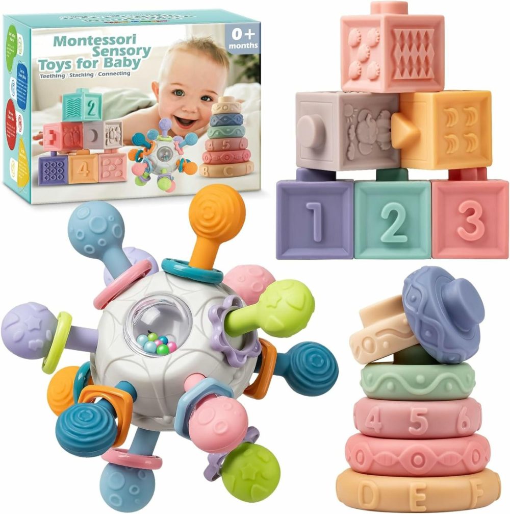 Baby Sensory Teething Toys Set  Montessori Baby Toys 6-12 Months  Incl Newborn Rattle Teether & Baby Blocks & Soft Stacking Rings  Ideal Baby Boy Girl Gifts  Infant Toys 0-3-6-9-12-18 Month  |  Sorting & Stacking Toys All Toys Multicolor