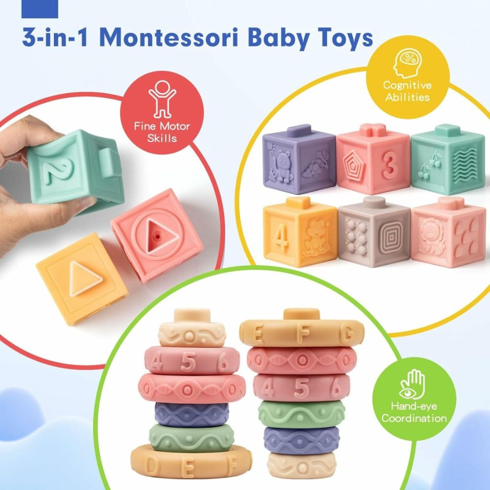 Baby Sensory Teething Toys Set  Montessori Baby Toys 6-12 Months  Incl Newborn Rattle Teether & Baby Blocks & Soft Stacking Rings  Ideal Baby Boy Girl Gifts  Infant Toys 0-3-6-9-12-18 Month  |  Sorting & Stacking Toys All Toys Multicolor