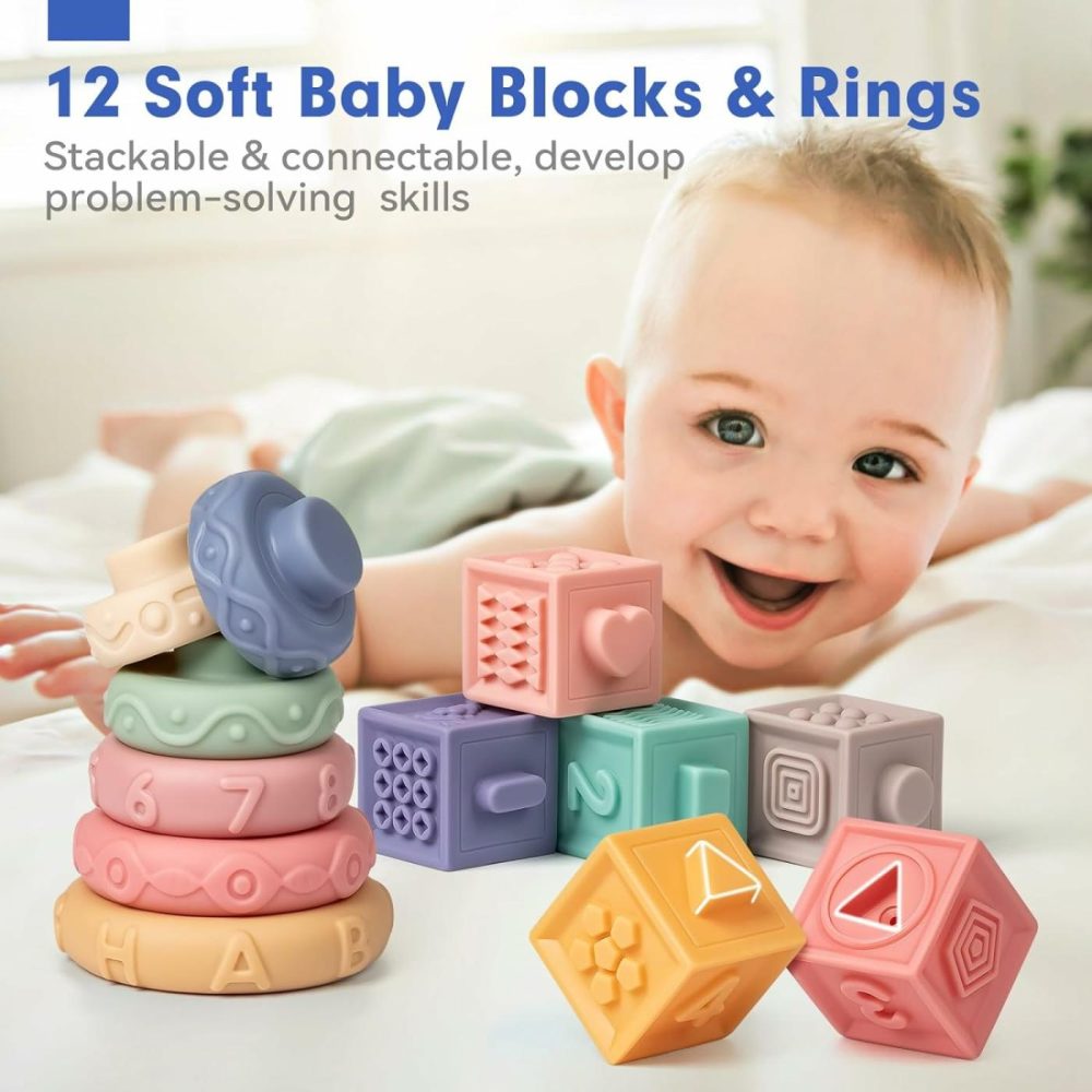 Baby Sensory Teething Toys Set  Montessori Baby Toys 6-12 Months  Incl Newborn Rattle Teether & Baby Blocks & Soft Stacking Rings  Ideal Baby Boy Girl Gifts  Infant Toys 0-3-6-9-12-18 Month  |  Sorting & Stacking Toys All Toys Multicolor