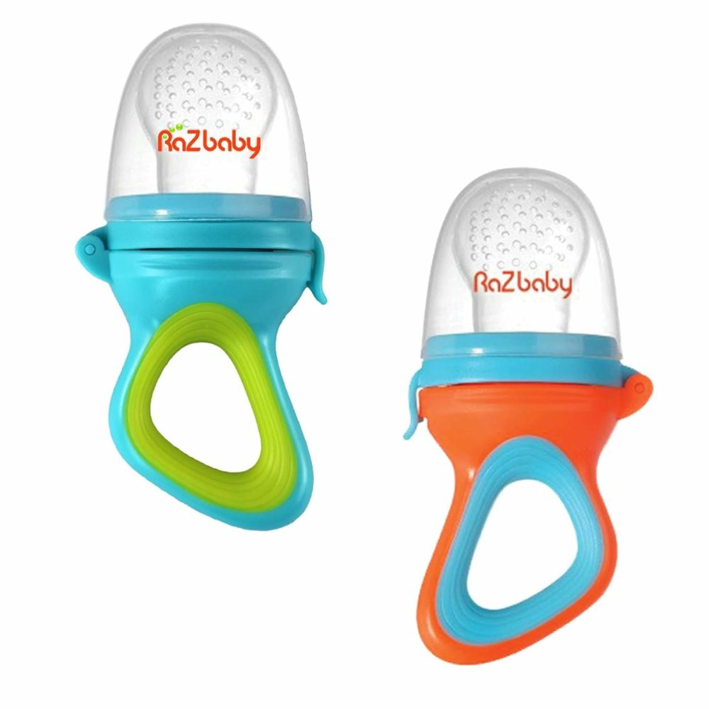 Baby Solids/Frozen Fruit Feeder Pacifier  Infant Teether Toy 6M+  Bpa-Free Silicone Pouch & Nipple  Safely Introduce Solids  Teething Relief  Dishwasher Safe  2-Pack – Orange/Blue + Green/Blue  |  Teethers All Toys Blue/ Orange