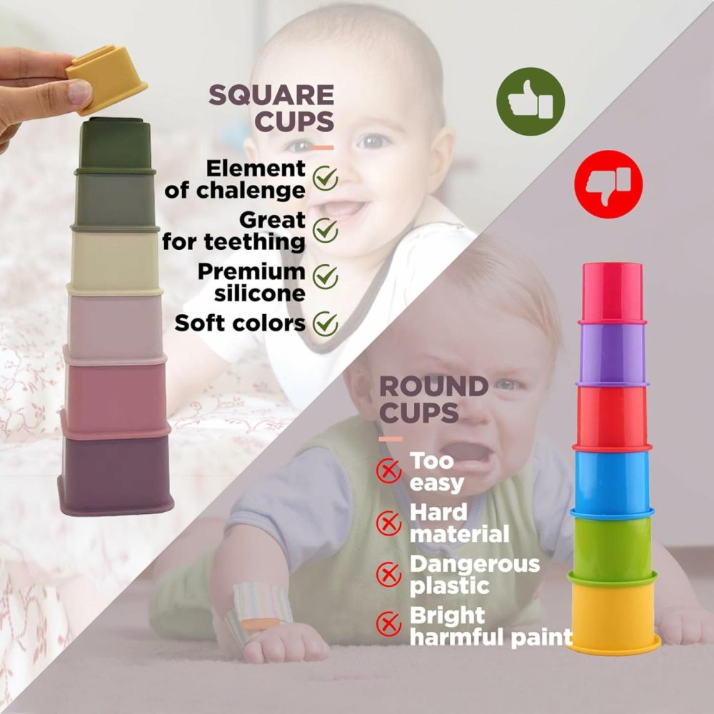 Baby Stacking Cups Set Of 7 – Square Silicon Nesting Cups – Baby Montessori Toys Motor Skills Stackable Blocks – Sorting Teething Snacking For Toddler Kids Boy Girl 1 2 Years Old  |  Sorting & Stacking Toys All Toys Plum