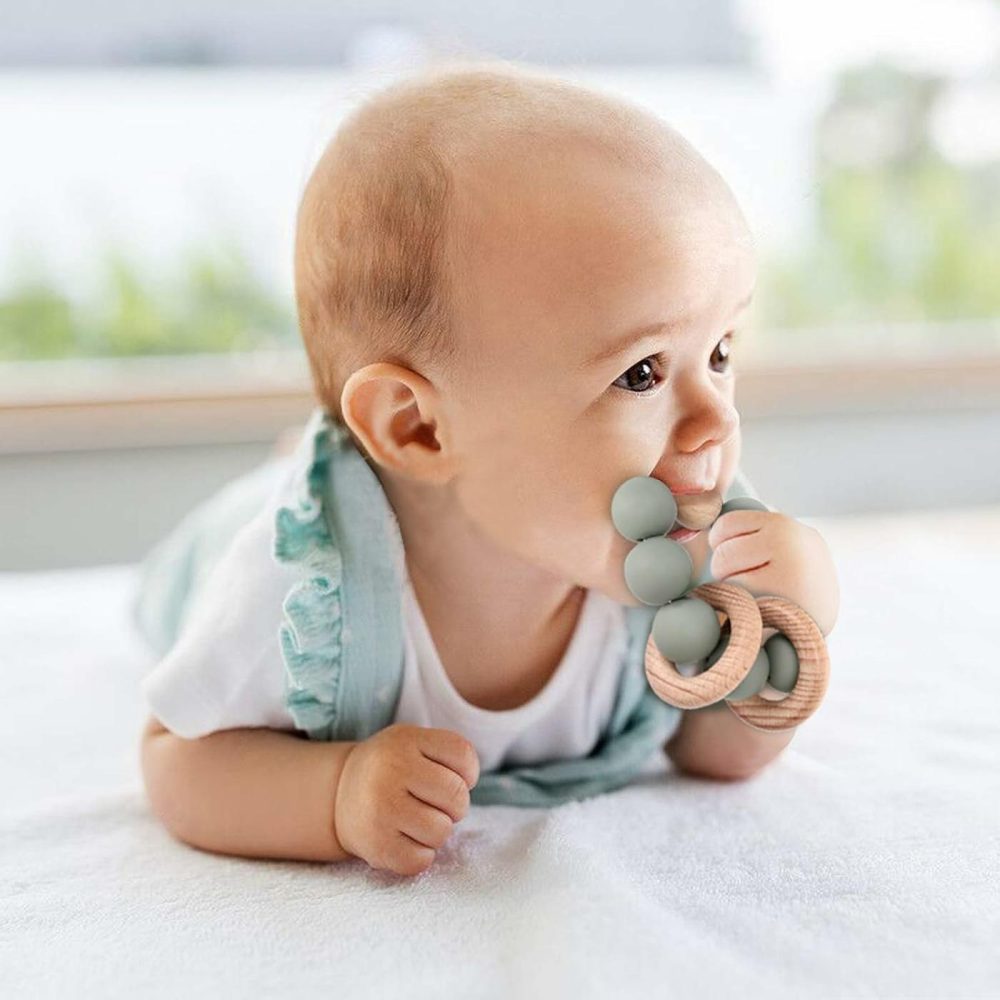 Baby Teething Toy  Organic Baby Teething Ring  Silicone & Beech Baby Rattle Teether For Baby 3+ Months  Bpa Free  Sage  |  Teethers All Toys Sage