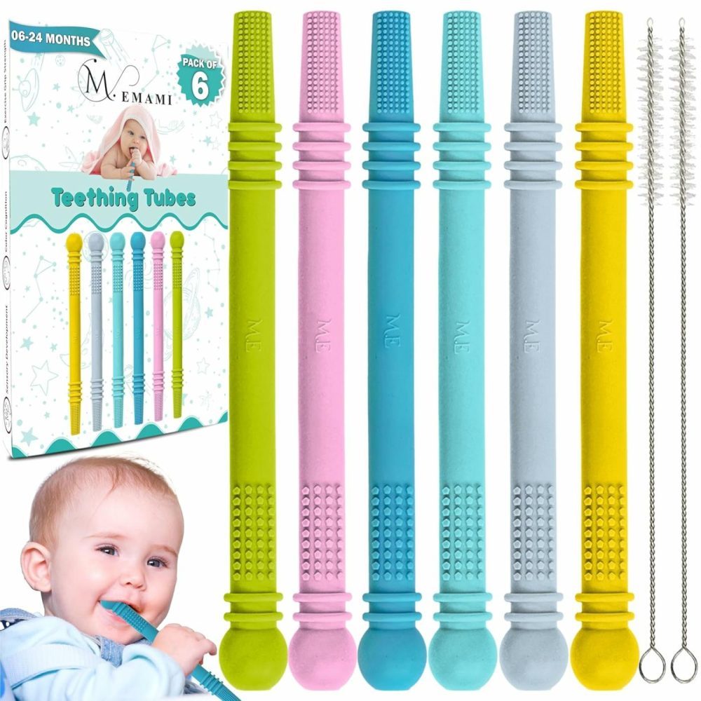 Baby Teething Toy – Pack Of 6 Hollow Teething Sticks With 2 Cleaning Brushes – 100% Food Grade Silicone  Bpa Free  And Dishwasher Safe – 6 Vibrant Colors For 6-18 Months Babies  |  Teethers All Toys Multicolor