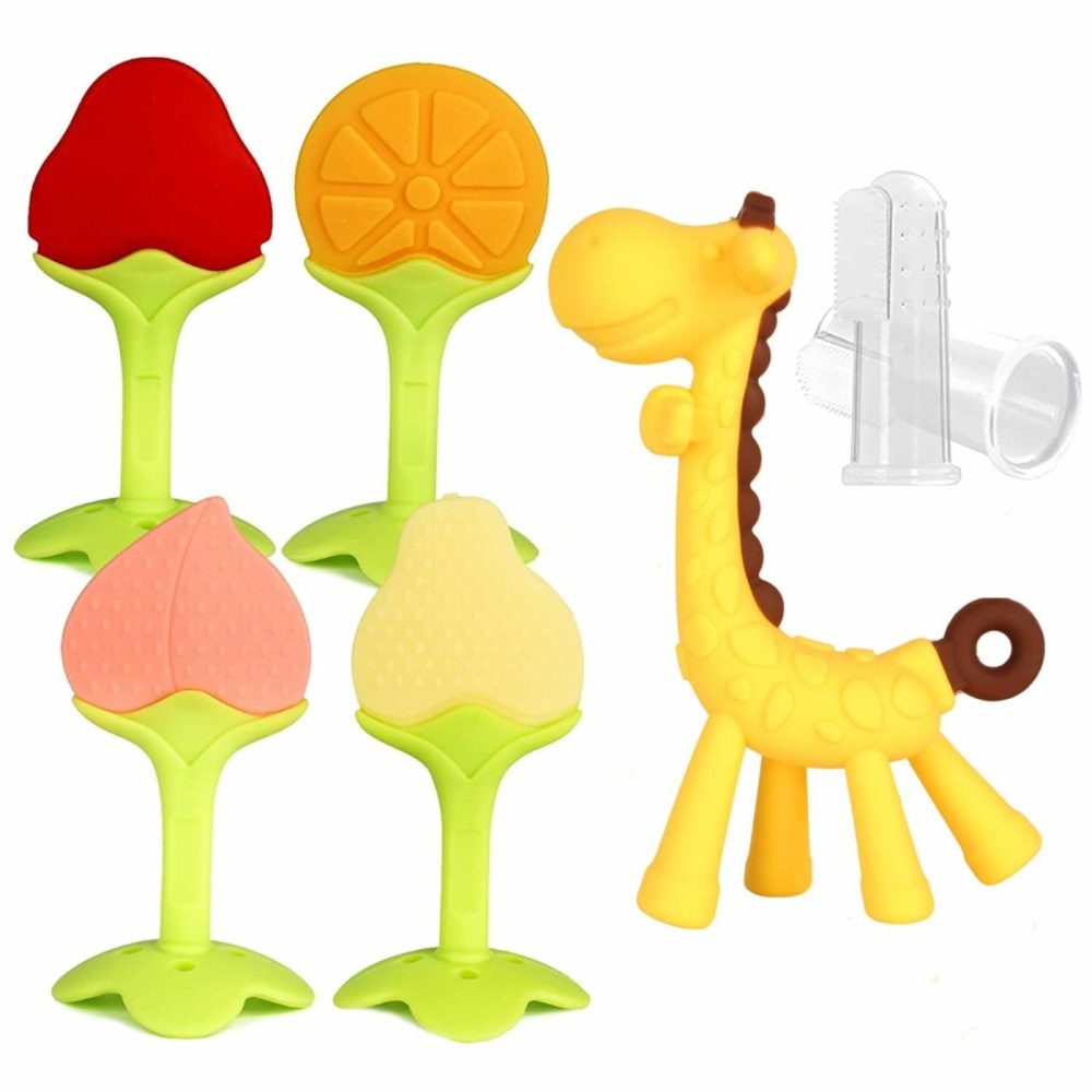 Baby Teething Toys (7 Pack) For Newborn Bpa Free Infant Toddler Silicone Fruit Giraffe Teethers Finger Toothbrush Strawberry Orange Peach Pear Soothe Babies Gums Set With Storage Case  |  Teethers All Toys Orange