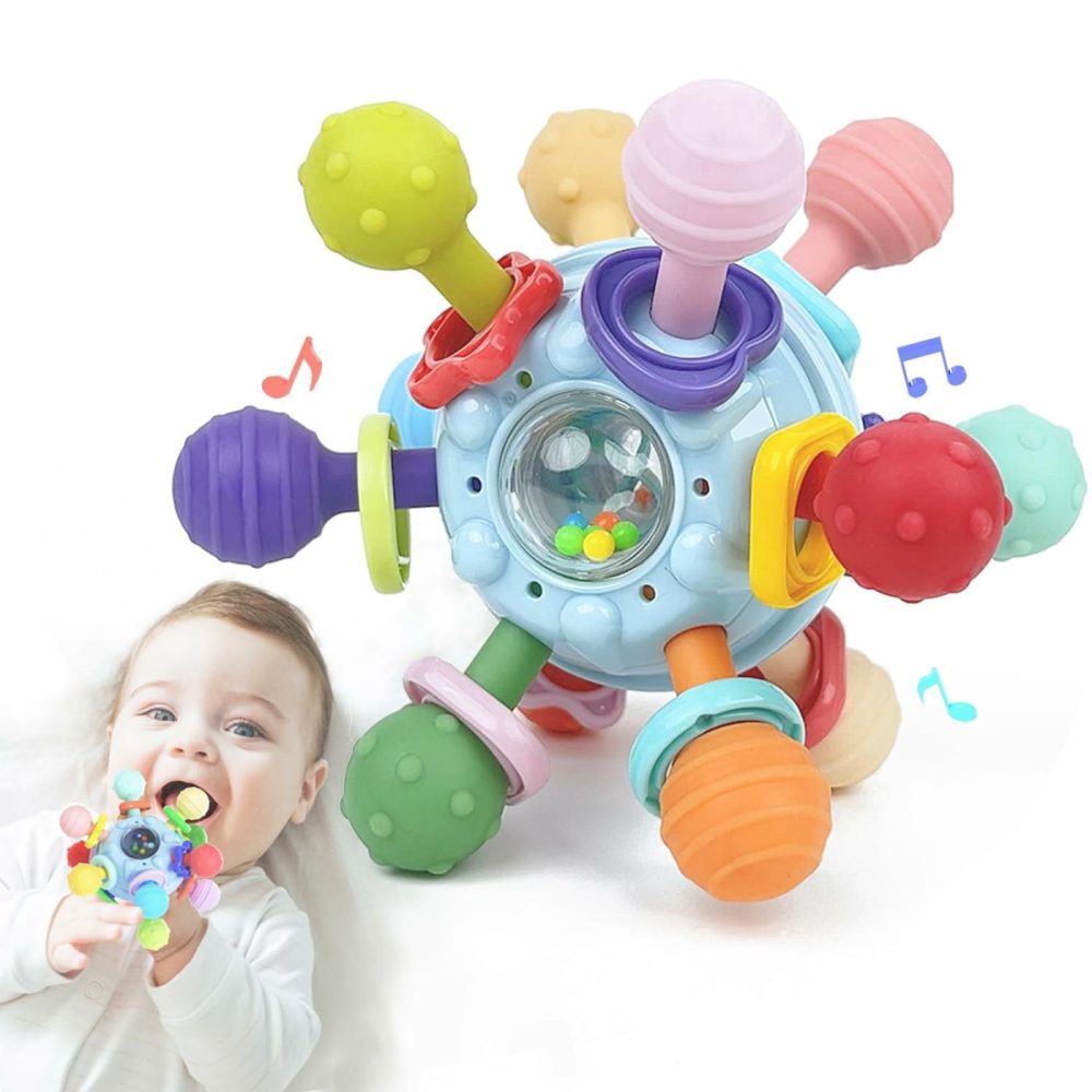 Baby Teething Toys For 0 3 6 9 12 Month Boys Girls  Newborn Infant Toys Rattle Baby Teether Chew Sensory Montessori Toys  Baby Shower Gifts For 1 One Year Old  |  Rattles & Plush Rings All Toys Blue