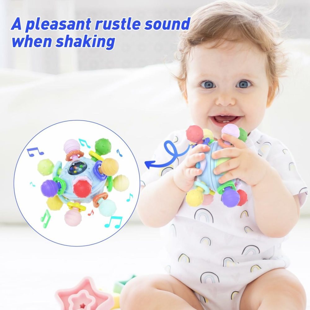 Baby Teething Toys For 0 3 6 9 12 Month Boys Girls  Newborn Infant Toys Rattle Baby Teether Chew Sensory Montessori Toys  Baby Shower Gifts For 1 One Year Old  |  Rattles & Plush Rings All Toys Blue