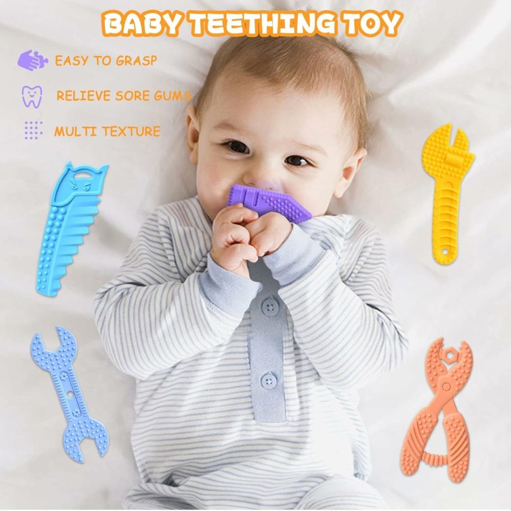 Baby Teething Toys For 0-6 Months 6-12 Months – Molar Teether Chew Toys Set Bpa Free Silicone  Soft Textures – Hammer Wrench Scissors Shape Baby Teething Toys Gift 5-Pack  |  Teethers All Toys multicolored